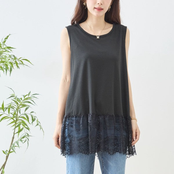 裾 ラッセルレース タンクトップ ノースリーブ レイヤード 体型カバー L-LL