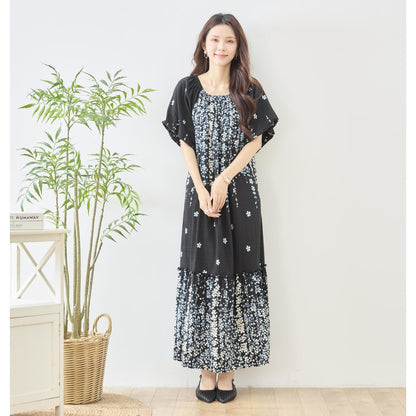 流れ花柄 マキシ丈 ワンピース 半袖 ゆったり ティアード 体型カバー M-L
