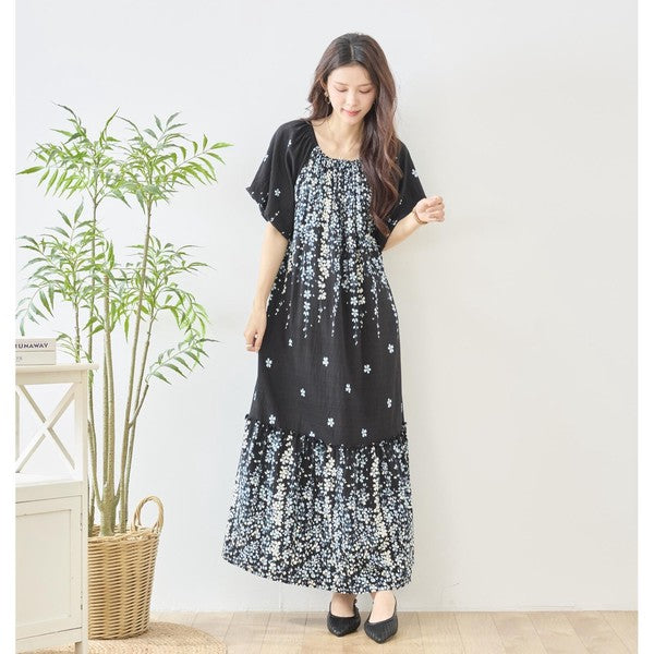 流れ花柄 マキシ丈 ワンピース 半袖 ゆったり ティアード 体型カバー M-L