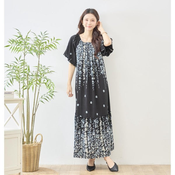 流れ花柄 マキシ丈 ワンピース 半袖 ゆったり ティアード 体型カバー M-L