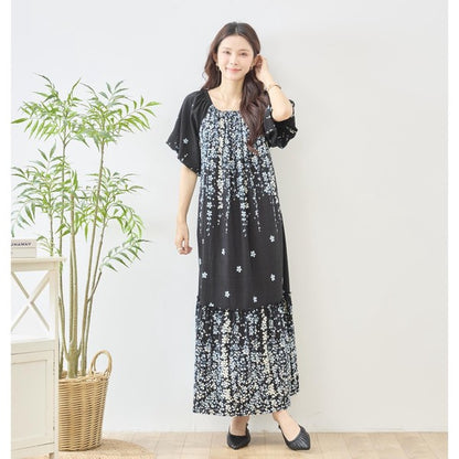 流れ花柄 マキシ丈 ワンピース 半袖 ゆったり ティアード 体型カバー M-L