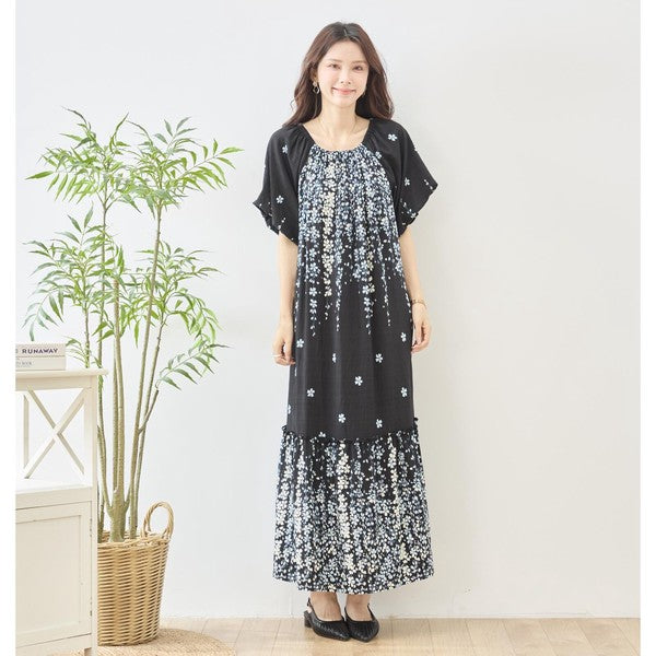 流れ花柄 マキシ丈 ワンピース 半袖 ゆったり ティアード 体型カバー M-L