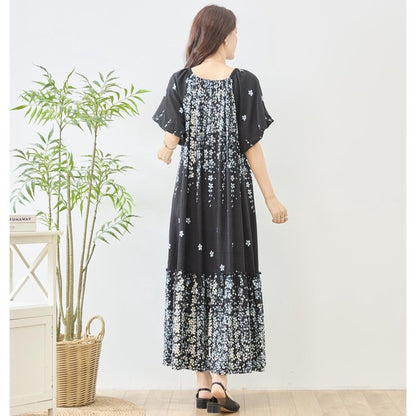 流れ花柄 マキシ丈 ワンピース 半袖 ゆったり ティアード 体型カバー M-L
