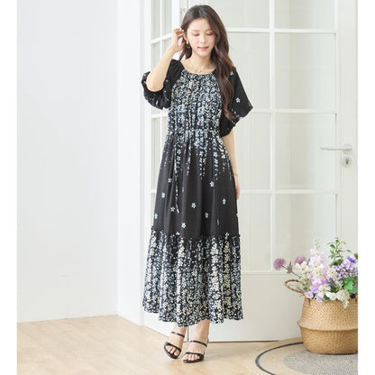 流れ花柄 マキシ丈 ワンピース 半袖 ゆったり ティアード 体型カバー M-L