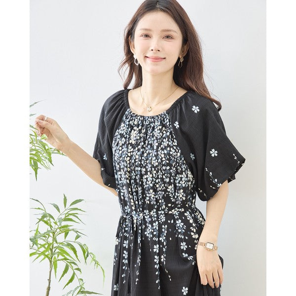 流れ花柄 マキシ丈 ワンピース 半袖 ゆったり ティアード 体型カバー M-L