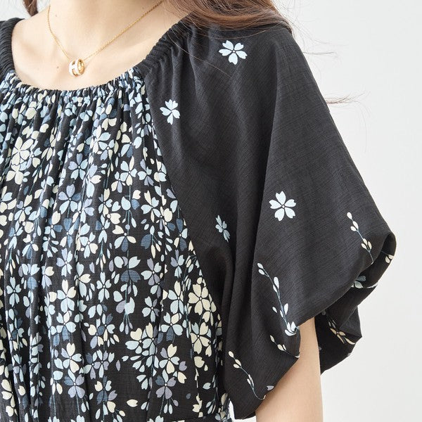 流れ花柄 マキシ丈 ワンピース 半袖 ゆったり ティアード 体型カバー M-L
