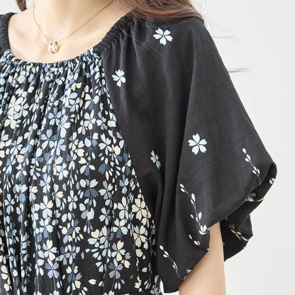流れ花柄 マキシ丈 ワンピース 半袖 ゆったり ティアード 体型カバー M-L