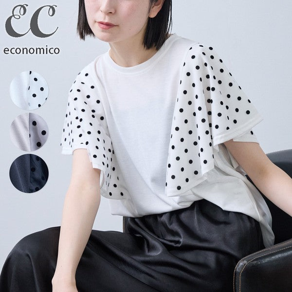 フロッキードット チュール ドッキング Ｔシャツ 半袖 フリル袖 ゆったり 体型カバー Ｆ