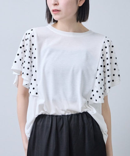 フロッキードット チュール ドッキング Ｔシャツ 半袖 フリル袖 ゆったり 体型カバー Ｆ