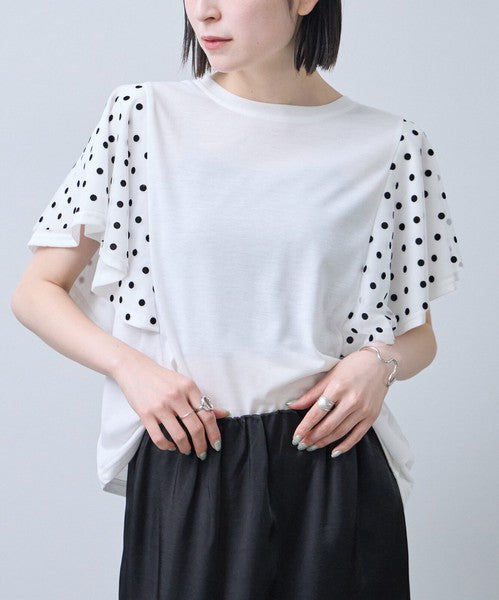 フロッキードット チュール ドッキング Ｔシャツ 半袖 フリル袖 ゆったり 体型カバー Ｆ