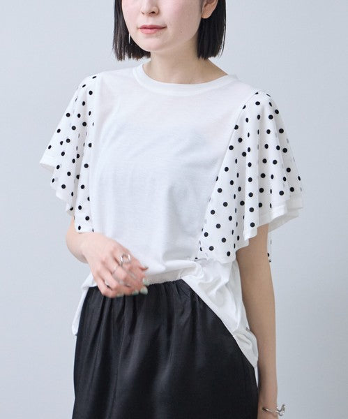 フロッキードット チュール ドッキング Ｔシャツ 半袖 フリル袖 ゆったり 体型カバー Ｆ