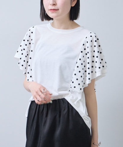 フロッキードット チュール ドッキング Ｔシャツ 半袖 フリル袖 ゆったり 体型カバー Ｆ