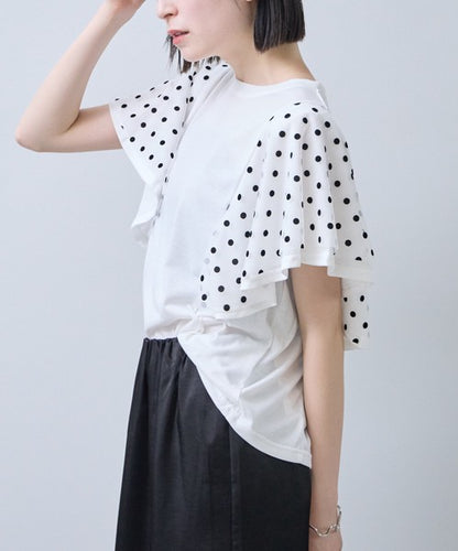 フロッキードット チュール ドッキング Ｔシャツ 半袖 フリル袖 ゆったり 体型カバー Ｆ