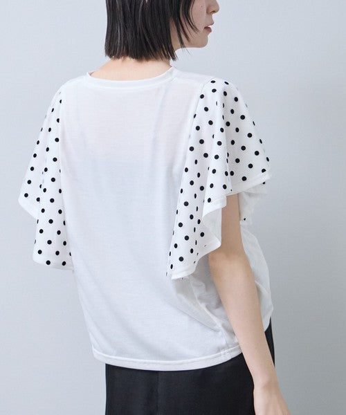 フロッキードット チュール ドッキング Ｔシャツ 半袖 フリル袖 ゆったり 体型カバー Ｆ