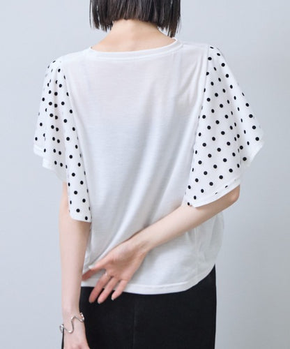 フロッキードット チュール ドッキング Ｔシャツ 半袖 フリル袖 ゆったり 体型カバー Ｆ