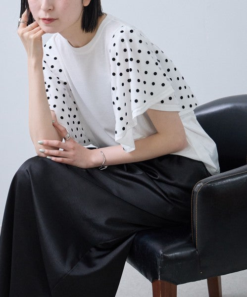 フロッキードット チュール ドッキング Ｔシャツ 半袖 フリル袖 ゆったり 体型カバー Ｆ