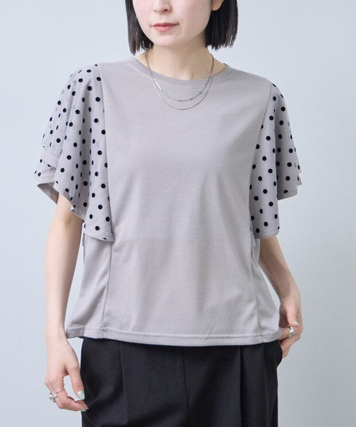 フロッキードット チュール ドッキング Ｔシャツ 半袖 フリル袖 ゆったり 体型カバー Ｆ