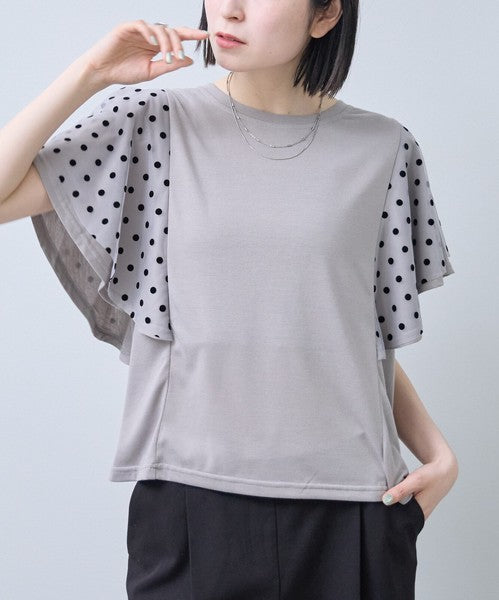 フロッキードット チュール ドッキング Ｔシャツ 半袖 フリル袖 ゆったり 体型カバー Ｆ