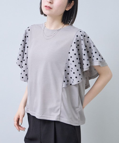 フロッキードット チュール ドッキング Ｔシャツ 半袖 フリル袖 ゆったり 体型カバー Ｆ