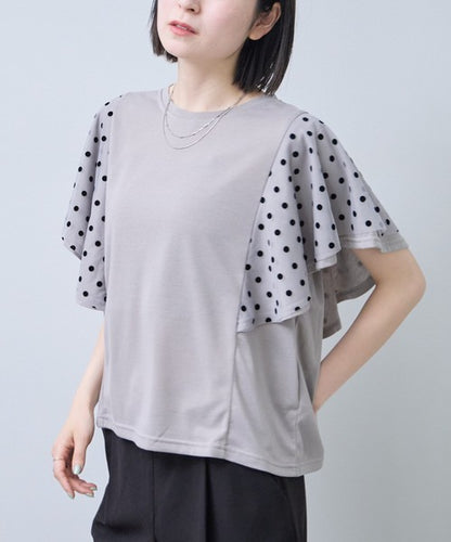 フロッキードット チュール ドッキング Ｔシャツ 半袖 フリル袖 ゆったり 体型カバー Ｆ