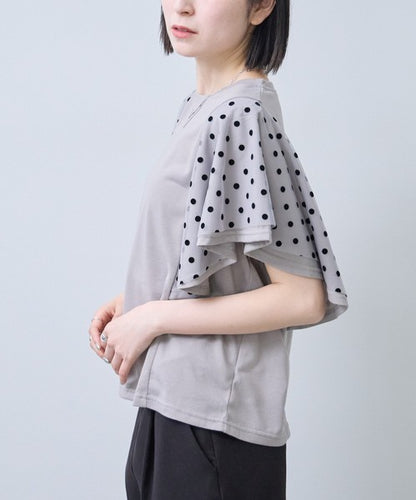 フロッキードット チュール ドッキング Ｔシャツ 半袖 フリル袖 ゆったり 体型カバー Ｆ