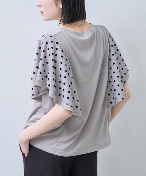 フロッキードット チュール ドッキング Ｔシャツ 半袖 フリル袖 ゆったり 体型カバー Ｆ