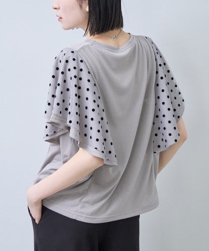 フロッキードット チュール ドッキング Ｔシャツ 半袖 フリル袖 ゆったり 体型カバー Ｆ