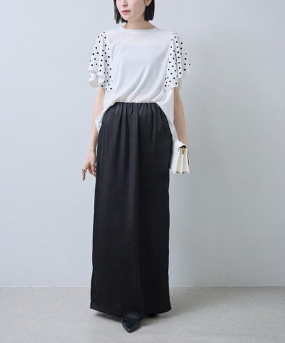 フロッキードット チュール ドッキング Ｔシャツ 半袖 フリル袖 ゆったり 体型カバー Ｆ