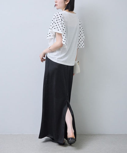 フロッキードット チュール ドッキング Ｔシャツ 半袖 フリル袖 ゆったり 体型カバー Ｆ