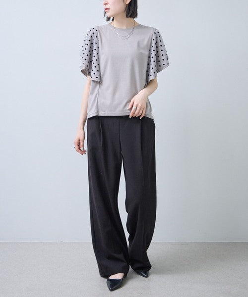 フロッキードット チュール ドッキング Ｔシャツ 半袖 フリル袖 ゆったり 体型カバー Ｆ