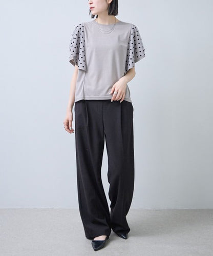 フロッキードット チュール ドッキング Ｔシャツ 半袖 フリル袖 ゆったり 体型カバー Ｆ