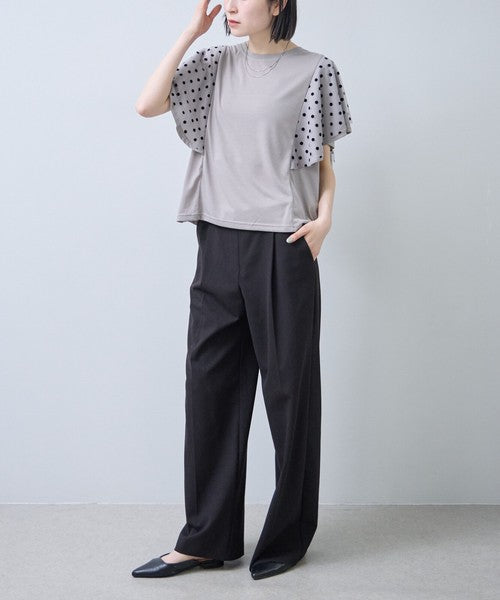 フロッキードット チュール ドッキング Ｔシャツ 半袖 フリル袖 ゆったり 体型カバー Ｆ