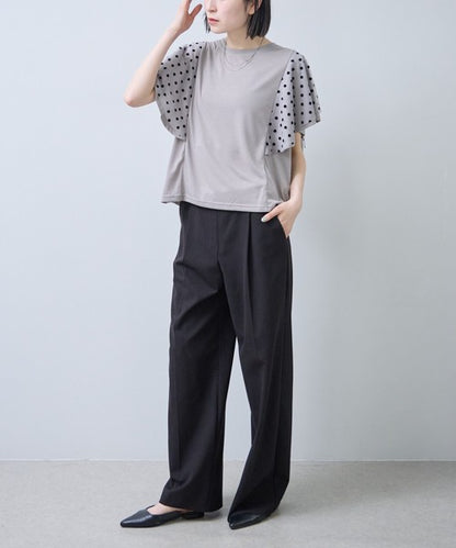 フロッキードット チュール ドッキング Ｔシャツ 半袖 フリル袖 ゆったり 体型カバー Ｆ