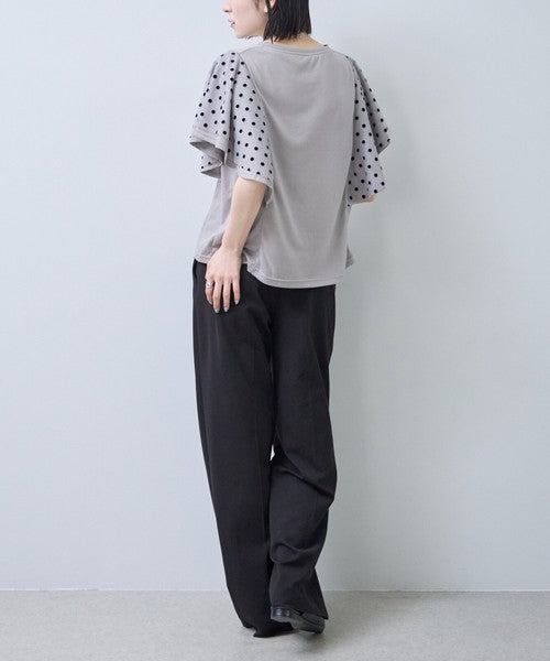 フロッキードット チュール ドッキング Ｔシャツ 半袖 フリル袖 ゆったり 体型カバー Ｆ