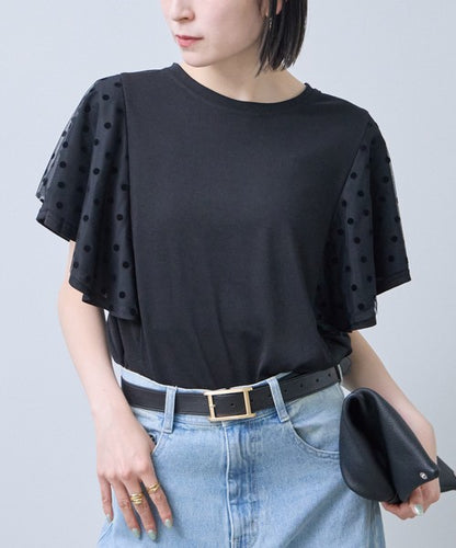 フロッキードット チュール ドッキング Ｔシャツ 半袖 フリル袖 ゆったり 体型カバー Ｆ