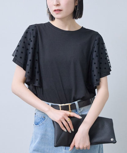 フロッキードット チュール ドッキング Ｔシャツ 半袖 フリル袖 ゆったり 体型カバー Ｆ