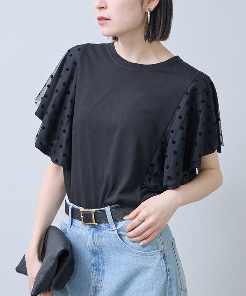 フロッキードット チュール ドッキング Ｔシャツ 半袖 フリル袖 ゆったり 体型カバー Ｆ