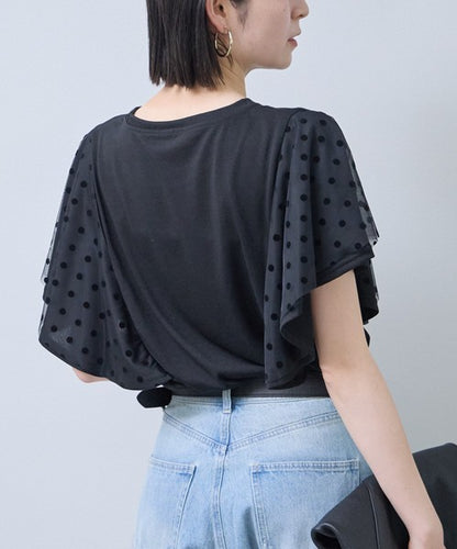 フロッキードット チュール ドッキング Ｔシャツ 半袖 フリル袖 ゆったり 体型カバー Ｆ