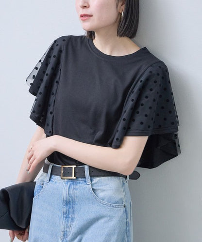フロッキードット チュール ドッキング Ｔシャツ 半袖 フリル袖 ゆったり 体型カバー Ｆ