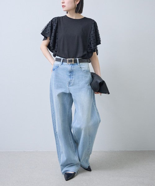 フロッキードット チュール ドッキング Ｔシャツ 半袖 フリル袖 ゆったり 体型カバー Ｆ