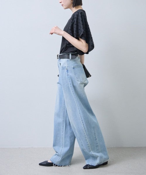 フロッキードット チュール ドッキング Ｔシャツ 半袖 フリル袖 ゆったり 体型カバー Ｆ
