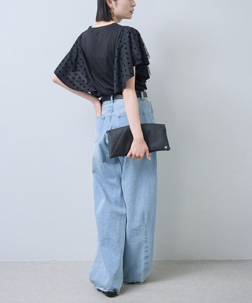 フロッキードット チュール ドッキング Ｔシャツ 半袖 フリル袖 ゆったり 体型カバー Ｆ