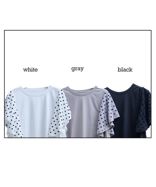 フロッキードット チュール ドッキング Ｔシャツ 半袖 フリル袖 ゆったり 体型カバー Ｆ