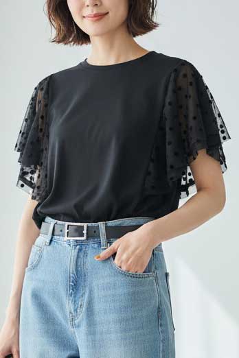 フロッキードット チュール ドッキング Ｔシャツ 半袖 フリル袖 ゆったり 体型カバー Ｆ