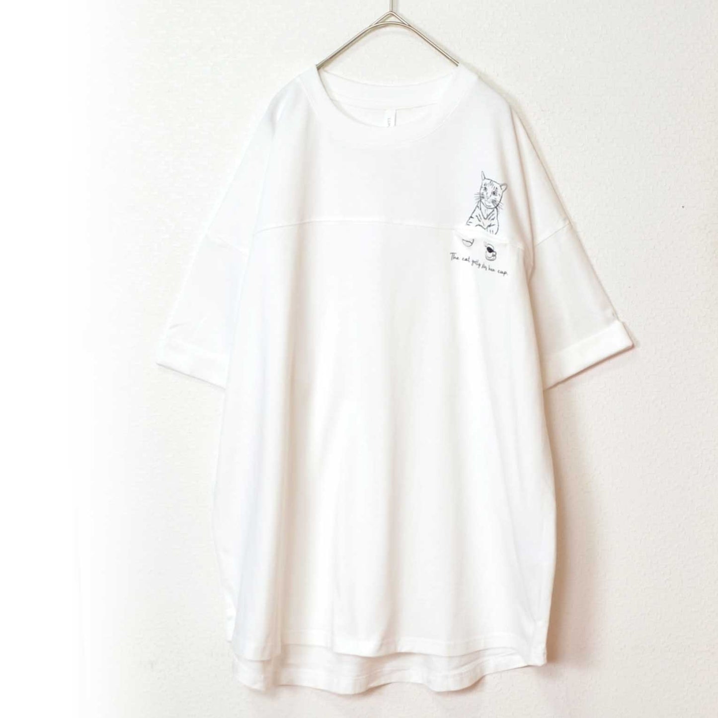 16SOE天竺 猫プリント 前後差 チュニック Tシャツ 半袖 ゆったり 綿100%