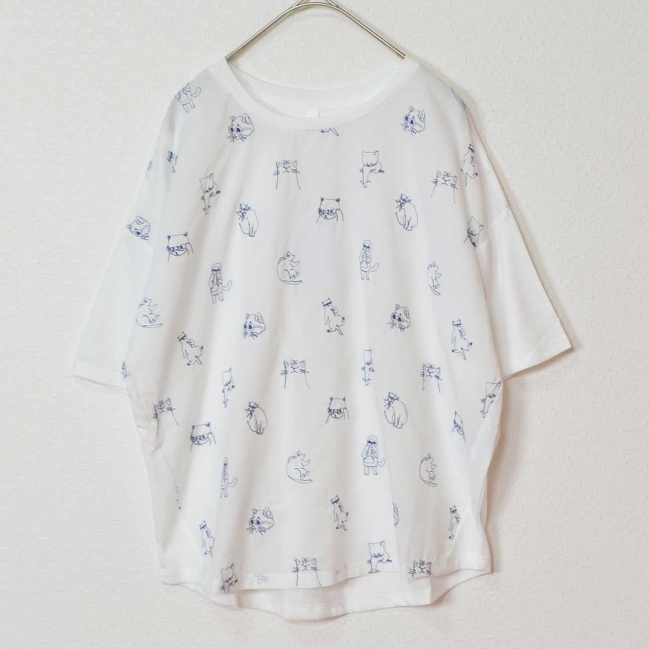 総刺繍 TC天竺 猫柄 コンパクトサイズ Tシャツ 半袖 前後差丈 綿100% フリー