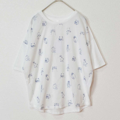 総刺繍 TC天竺 猫柄 コンパクトサイズ Tシャツ 半袖 前後差丈 綿100% フリー