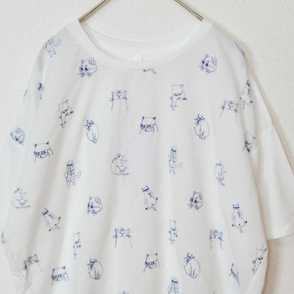 総刺繍 TC天竺 猫柄 コンパクトサイズ Tシャツ 半袖 前後差丈 綿100% フリー