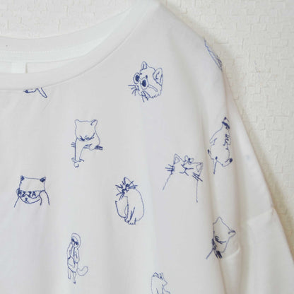 総刺繍 TC天竺 猫柄 コンパクトサイズ Tシャツ 半袖 前後差丈 綿100% フリー