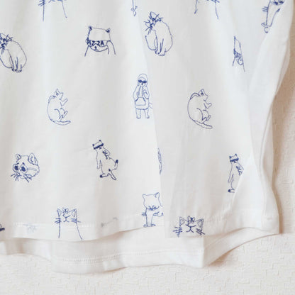 総刺繍 TC天竺 猫柄 コンパクトサイズ Tシャツ 半袖 前後差丈 綿100% フリー